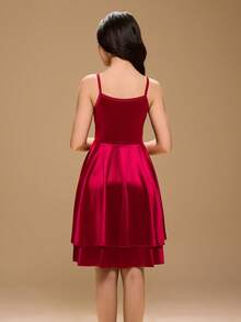 Váy dài màu đỏ tía cao cấp không tay, eo cao, viền xếp nếp kép, chất liệu satin bóng, thời trang tối giản thanh lịch cho bé gái tuổi teen, thích hợp cho Giáng sinh, khách dự tiệc cưới, biểu diễn - Màu Đỏ Sâu - Xem 2