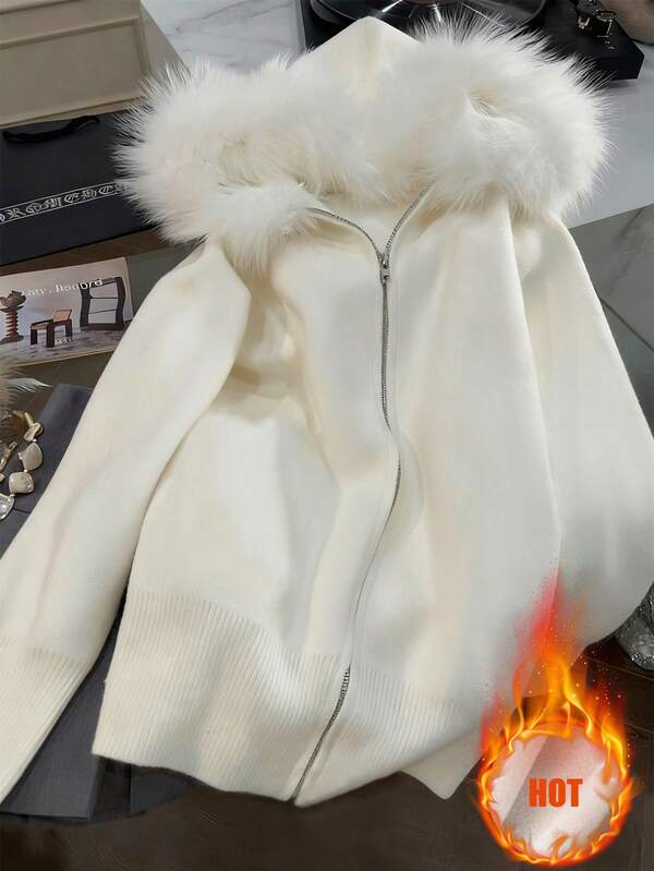 GlowEve Women's Solid Color Hooded Fur Collar Casual Zip-Up Minimalist Design Sweatshirt