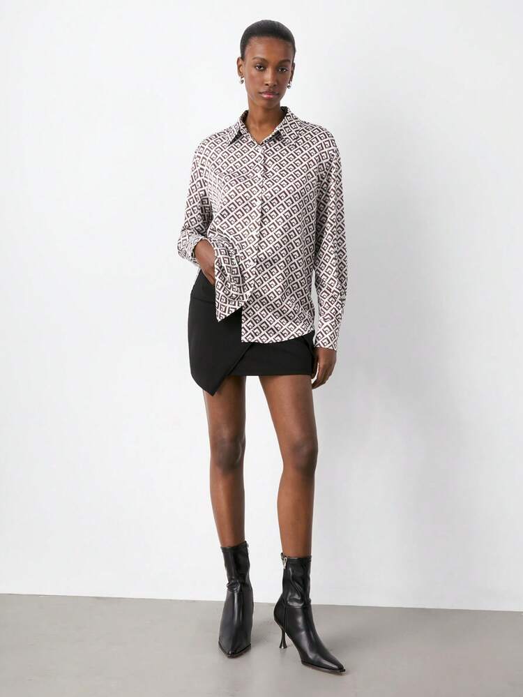 SHEIN Maija Camisa casual de manga larga con botones y estampado completo para mujer, blusa elegante para mujer