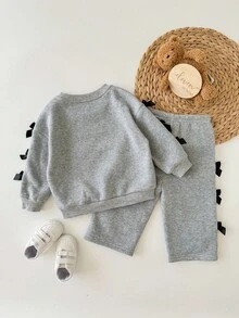 SHEIN 2件套女婴可爱针织灰色蝴蝶结长袖运动衫和裤子套装 - 淺灰色 - 查看 2