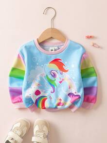 My Little Pony X SHEIN Baby Girl Cute Blue Cartoon Rainbow Striped Sweatshirt, Autumn/Winter - Blue - View 1