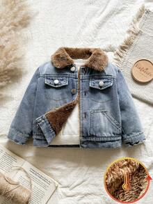 SHEIN Áo khoác cardigan denim cổ bẻ tay dài dáng rộng unisex cho bé trai, thích hợp cho các hoạt động thường ngày, tụ họp cuối tuần, cắm trại ngoài trời, phong cách thường ngày ở trường học, size 6M-3T. Áo khoác denim cho bé trai, áo khoác denim cho bé, áo khoác denim cho bé trai, áo khoác denim, áo khoác jeans cho bé, áo khoác denim kiểu Hàn Quốc. - Nhiều màu - Xem 5