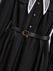 GlowEve CURVE 大码女式长袖立领纯色连衣裙，适合日常通勤，简约商务风格，百搭优雅 - 黑色 - 查看 4