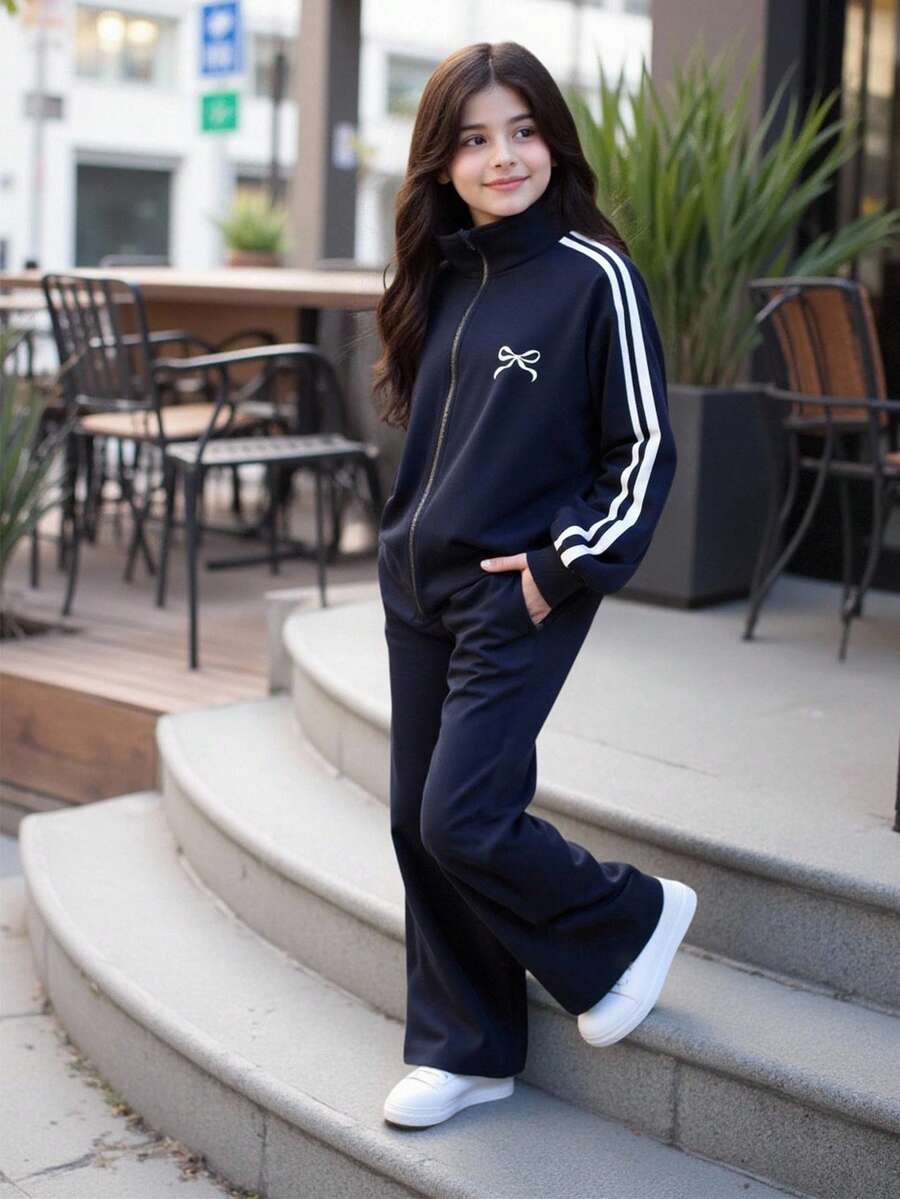 SHEIN 少女纯色针织拼接丝带开衫和阔腿裤休闲套装 - 寶藍色 - 查看 1