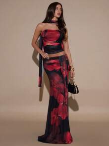 SHEIN BAE 印花抹胸上衣和半身裙套装，冬季两件套，秋季女装，沙滩装，下午茶，适合派对、鸡尾酒会、正式场合、伴娘裙、生日派对 - 黑色 - 查看 5