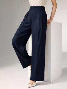 Heiryn Pantalones anchos de cintura alta plisados, elegantes y apropiados para el trabajo en otoño/invierno - Azul Marino - Ver 2