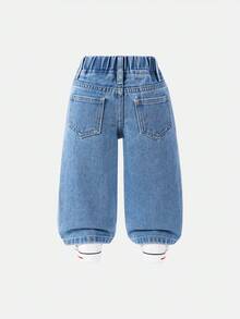 女婴休闲松紧腰直筒牛仔裤，草莓刺绣，百搭百搭，热洗蓝色牛仔裤，四季皆宜 - 中等水洗藍 - 查看 2