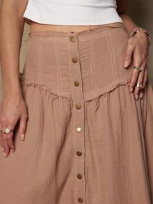 Freevana 大码女式纯色单排扣休闲/工作半身裙 - 卡其色 - 查看 2