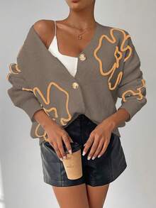 SHEIN Unity Women's Casual Floral Pattern Front Button Dropped Shoulder Cardigan, Autumn/Winter - Chocolate Brown - View 1