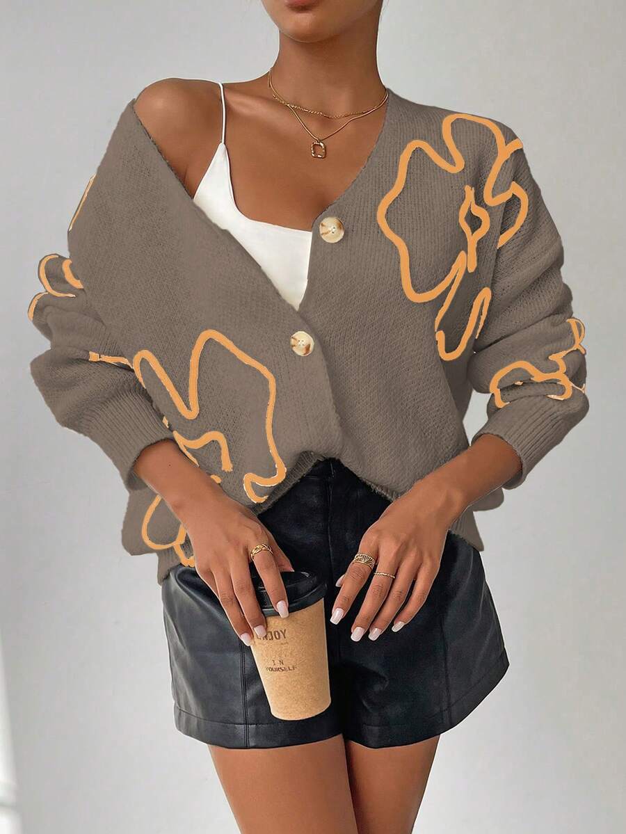 SHEIN Unity Women's Casual Floral Pattern Front Button Dropped Shoulder Cardigan, Autumn/Winter - Chocolate Brown - View 1