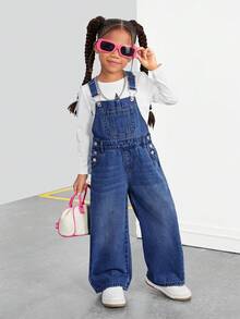 SHEIN 女童蓝色无袖休闲舒适透气宽松牛仔背带裤 - 深色水洗藍 - 查看 3