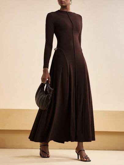 Zivah 20  Autumn And Winter New Commuter Elegant Brown Knitted Warm Brushed Pit Metal Button Decorated Women Long Dress, Suitable For Travel, Shopping, Commuting, Dating, Party, Gathering, Brunch Clothing, Airport Wear, Christmas, New Year, Festival, Asymmetric, Women's Office Wear, Wedding Guest Dress-A Dark Brown Dress Elegant Midi Dress