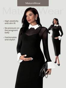 MaterniWear Umstands-Arbeitskleidung Umstands-Arbeitsoutfits Umstands-Arbeitskleidung Umstands-Arbeitskleider Elegantes Umstands-Pendlerkleid mit Kontrastbesatz und Seitenschlitz, Herbst - Schwarz - Übersicht 2