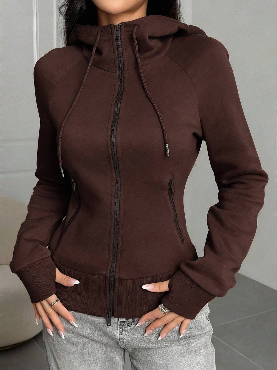 SHEIN EZwear Áo nỉ dáng ôm, màu trơn, lót giữ nhiệt, thích hợp cho mùa Thu/Đông. - Cà phê nâu - Xem 1