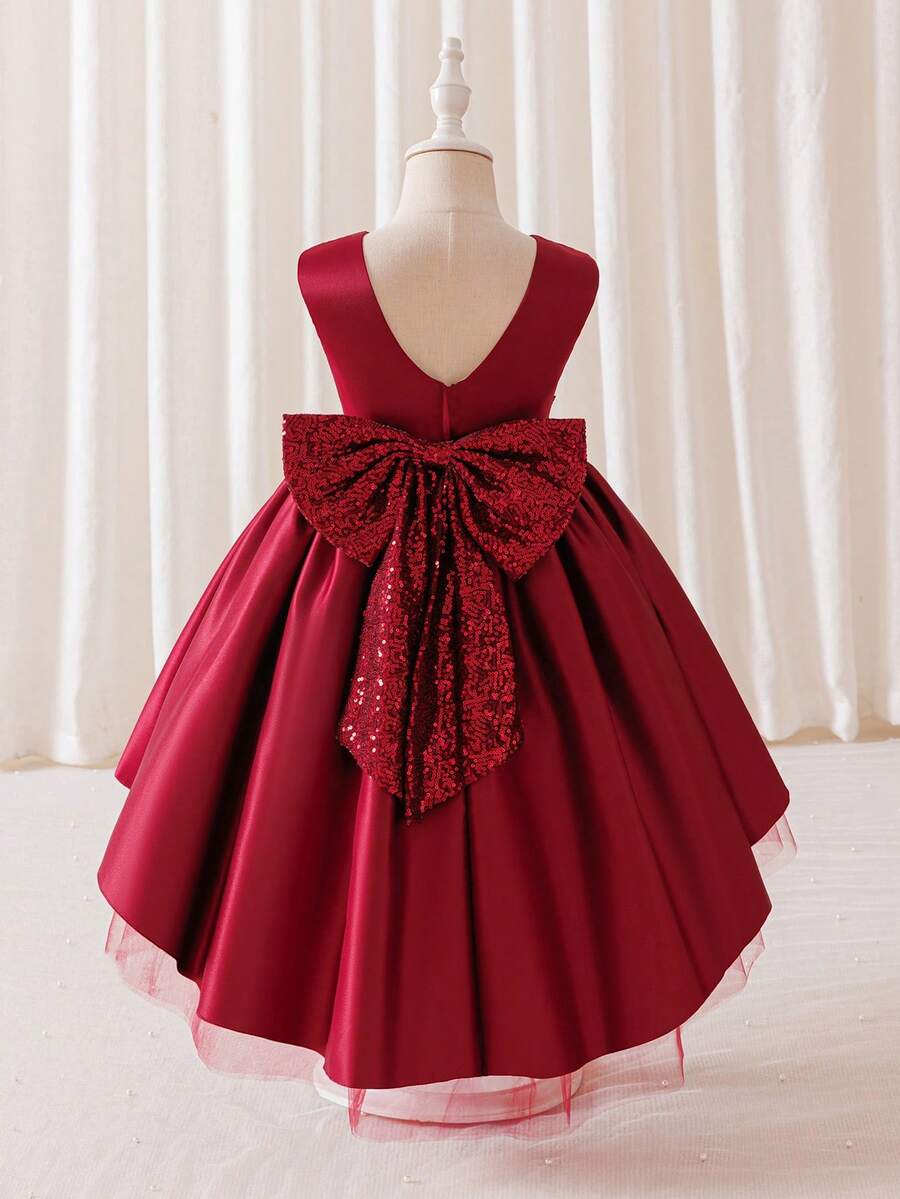 Glamorique Kids 女童酒红色高档缎面薄纱礼服,带拖尾,配有串珠腰带和蝴蝶结装饰,适合表演晚宴、小女孩生日公主裙 - 酒紅色 - 查看 1