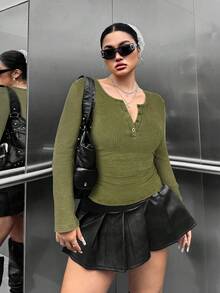 SHEIN EZwear 大码绿色半拉链插肩长袖休闲修身 T 恤 - 綠色 - 查看 5