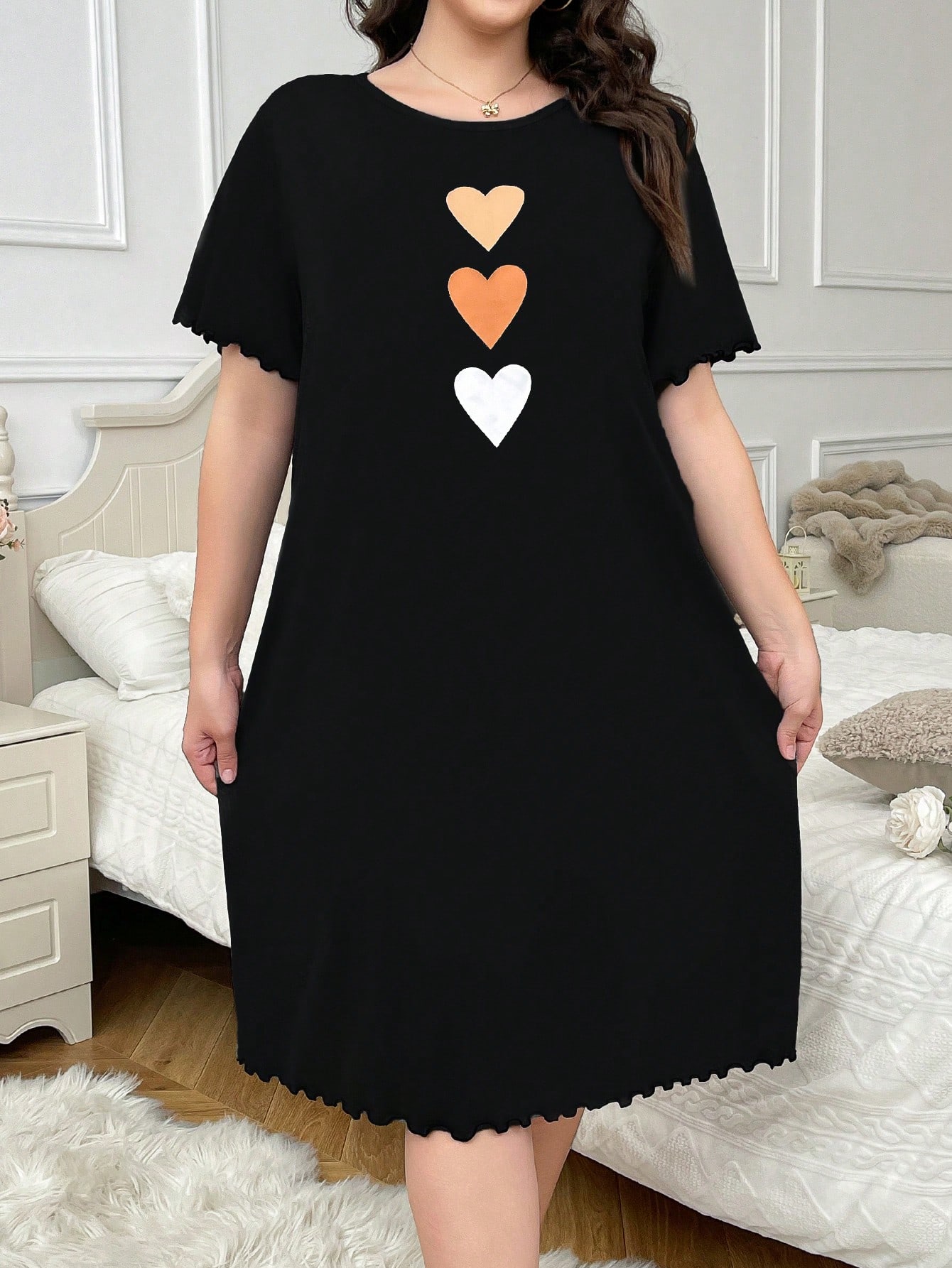 فستان نوم كاجوال مطبوع بشكل قلب مقاس كبير، فستان ن...