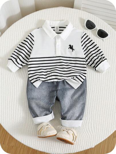 SHEIN 2pcs/Set Baby Boy/Girl Thick Striped Polo Sweatshirt And Denim Print Pants Outfit Set, Comfortable Casual Fashion Daily Wear, Suitable For Indoor, Outdoor, Sports, Party, Photo Shoot, Festival, Streetwear, Tracksuit, Joggers, Christmas, New Year, Autumn/Winter