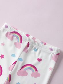 My Little Pony X SHEIN 两件套女婴可爱粉色小马印花长袖上衣和彩虹星星印花长裤睡衣套装，适合春、秋、冬季穿着。 - 白色 - 查看 7