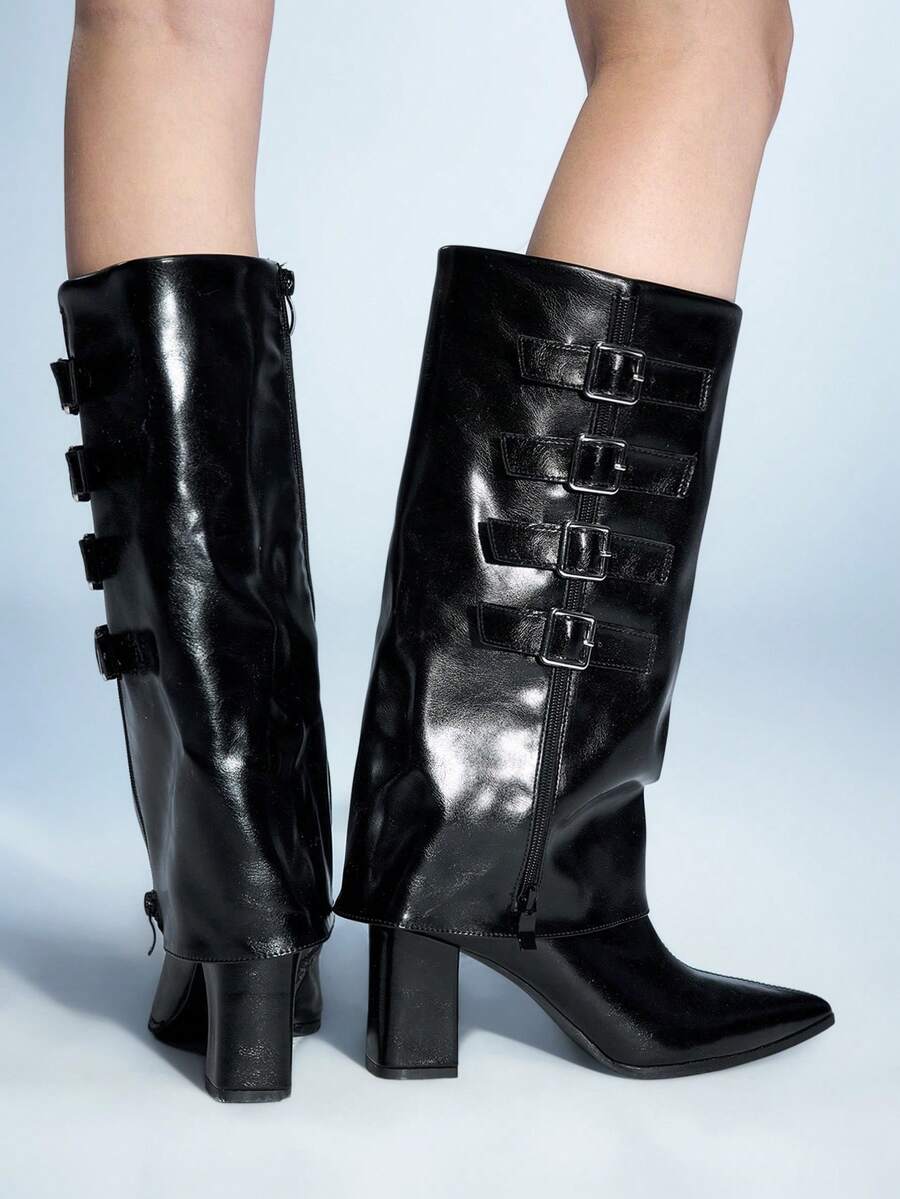 Sugerpunk Women's Fashion Versatile Commute Chunky High Heel Knee-High Boots - Black - View 1