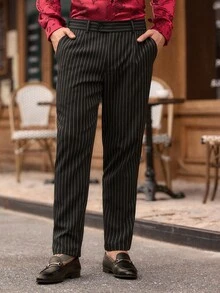 Manfinity NXTstreet Quần âu nam sọc xếp ly túi thường ngày/công sở - Đen và trắng - Xem 2