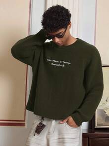 SWAVVY Jersey de cuello redondo con ajuste holgado para hombre con bordado de eslogan, otoño/invierno - Verde militar - Ver 3