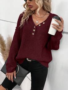 SHEIN LUNE Áo len dệt kim dáng rộng trễ vai màu trơn đơn giản, thu/đông - Màu Đỏ Sâu - Xem 3