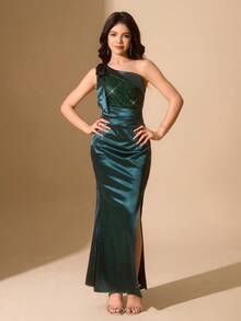 Teen GirlLong Satin Formal Dress, Slim Fit Prom Gown, Green - Green - View 6