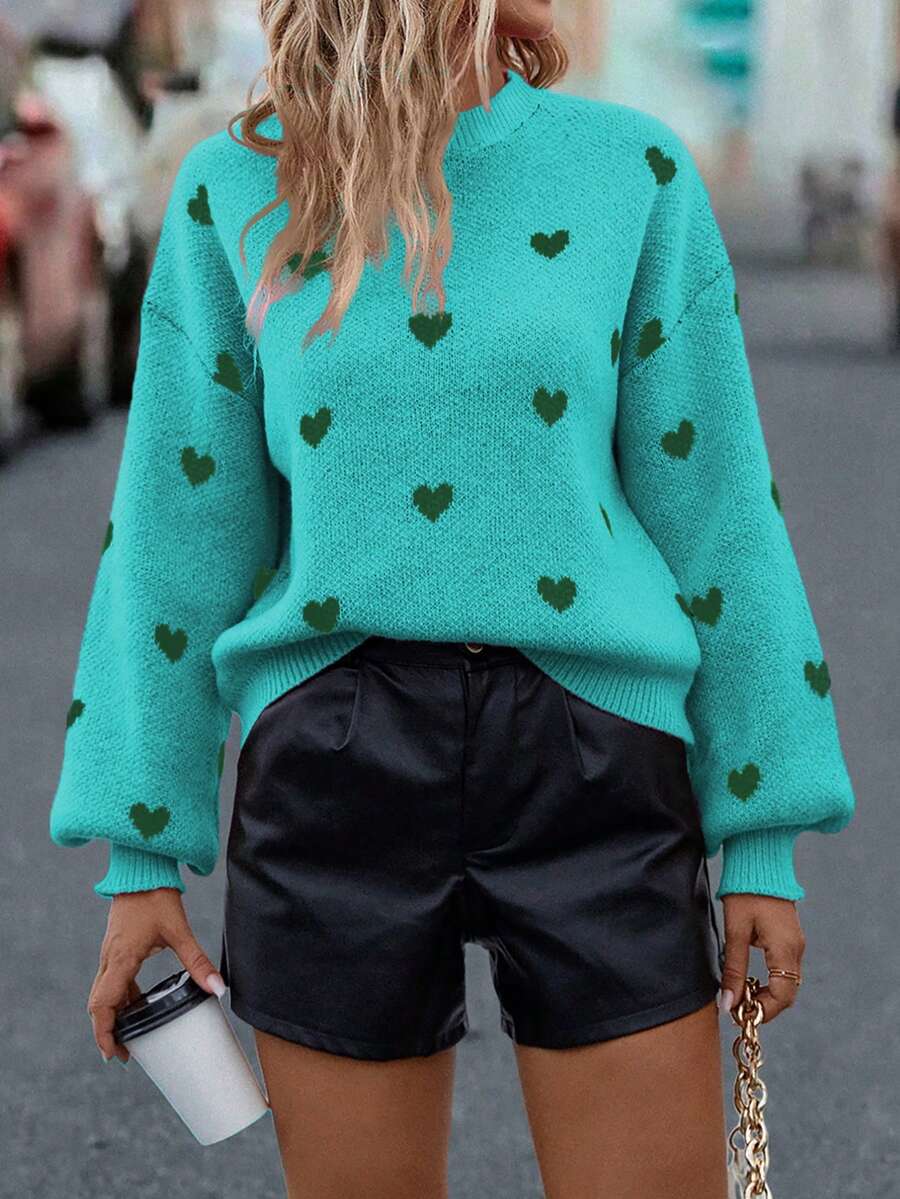 SHEIN LUNE Sweater Kasual Wanita Motif Hati dengan Bahu Longgar, Musim Gugur/Dingin - Hijau - View 1