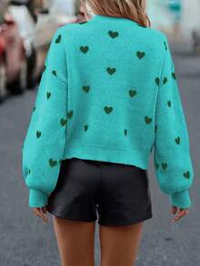SHEIN LUNE Sweater Kasual Wanita Motif Hati dengan Bahu Longgar, Musim Gugur/Dingin - Hijau - View 2