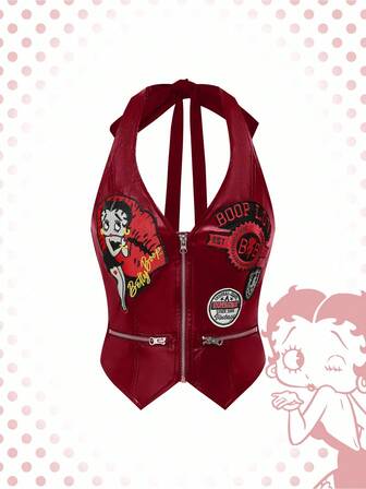 Betty Boop | ROMWE Women Betty Embroidered Zipper PU Leather Sexy Halter Neck Tank Top