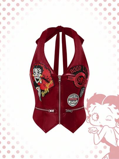 Betty Boop | ROMWE Canotta donna con scollo a V in pelle PU con chiusura lampo e ricamo Betty