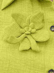 Easura Plus Size Women Fluorescent Green 3D Floral Decor Long Sleeve Elegant Blouse - Olive Green - View 4