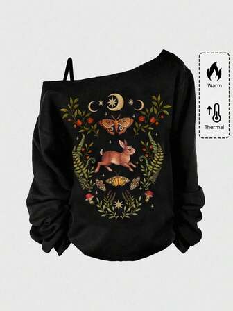 Goth Plus Size Rabbit, Plant, Mushroom, Sun & Moon Print Sexy Asymmetric-Shoulder Black Sweatshirt