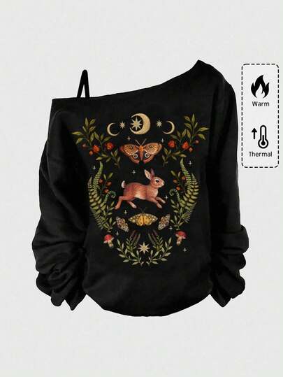 Goth Plus Size Rabbit, Plant, Mushroom, Sun & Moon Print Sexy Asymmetric-Shoulder Black Sweatshirt