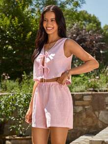 KARISMINA 2pcs Casual Woven Striped Pattern Bodycon Top & High Waist Relaxed Shorts Set For Women,Vacation Outfits Woman,Cute Summer Set,European Summer - Pink - View 4