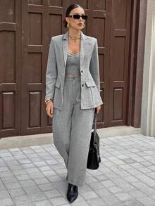 Siren Gaze 女士时尚商务套装 - 无肩带上衣和裤子 - 灰色 - 查看 6