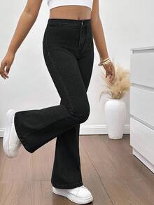 SHEIN 少女Y2K 90年代休闲纯色水洗高腰喇叭休闲保暖保暖内衬牛仔喇叭裤，圣诞节 - 黑色 - 查看 5