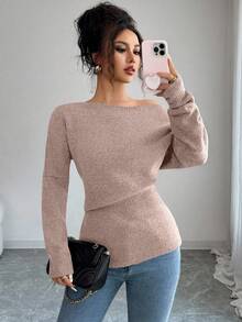 Elenzga 女士纯色斜肩长袖休闲毛衣，秋冬 - 粉色 - 查看 6