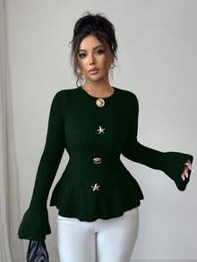 SHEIN Elenzya 女士优雅金属扣袖口荷叶边下摆长袖毛衣，秋冬款 - 綠色 - 查看 4