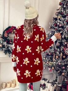 LanaWest Bear Pattern Dual Pocket Contrast Trim Dual Pocket Cardigan For New Year Clothes - Burgundy - View 2
