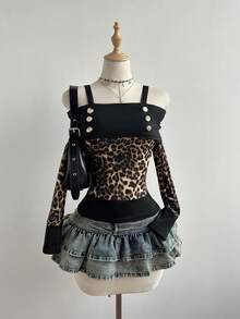 Elamini Blusa de manga larga con hombros descubiertos con estampado de leopardo, estilo Y2K para uso casual diario, con estampado de leopardo en contraste - Multicolor - Ver 3