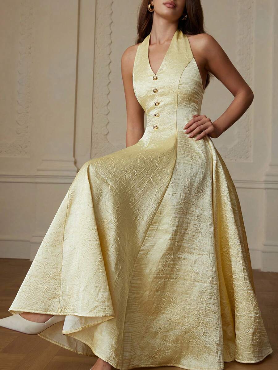 Aveloria Rosie Vestido elegante con textura de satén, escote en V sin mangas, con acento de hebilla metálica, bajo acampanado, vestido sofisticado para fiestas - Amarillo - Ver 1