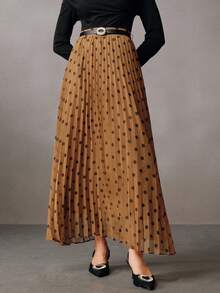 Anewsta Elegant New Polka Dot A-Line Pleated High Waist Zipper Belt Skirt, Apricot Color, Suitable For Going Out, Autumn/Winter - Apricot - View 4