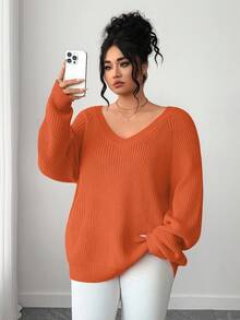 SHEIN Tall CURVE Plus Size Casual V-Neck Raglan Long Sleeve Pullover Sweater - Orange - View 5