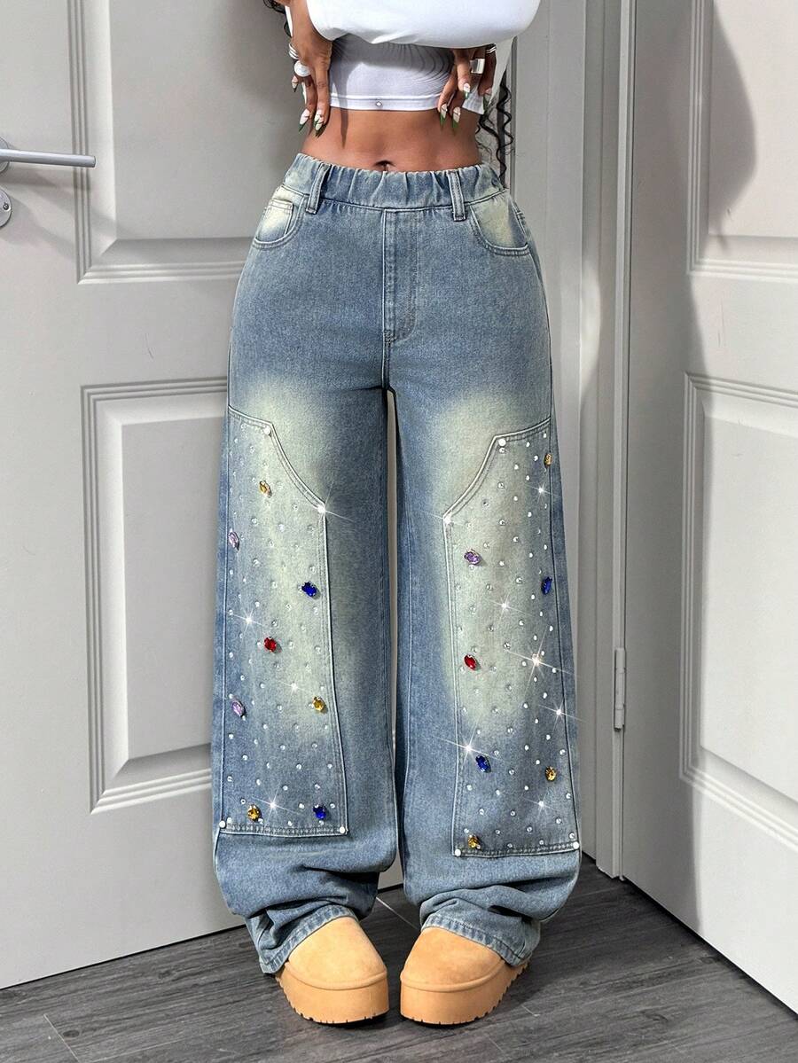 Slaydiva Omen's Jeans，时尚水钻装饰直筒牛仔裤，复古水洗，低腰宽松直筒裤，Y2K 牛仔裤，时尚街头风格，适合派对、音乐节、圣诞节、新年、情人节。 - 淺色水洗藍 - 查看 1