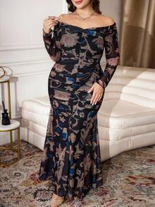 Modelyn 大码女式碎花露肩长袖鱼尾下摆优雅连衣裙 - 黑色 - 查看 5