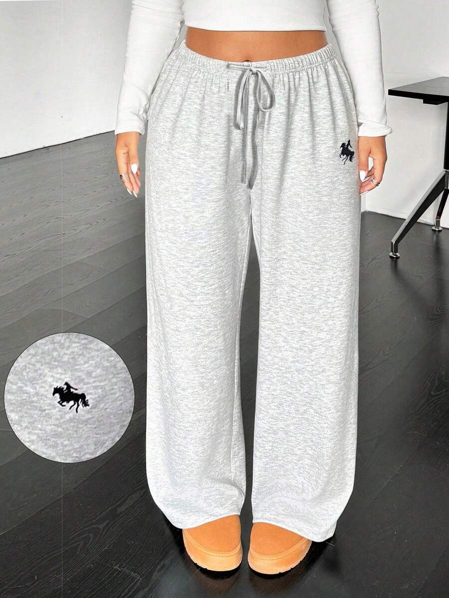 SHEIN EZwear 大码女式灰色休闲抽绳腰运动裤,秋冬,女式秋季服装阔腿运动裤女式运动裤舒适裤休闲裤灰色运动裤女式 - 灰色 - 查看 1
