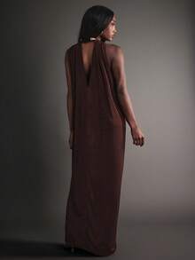 Hauture Night Out Sexy Party Soft Shine Front Drape Side Cut Out Metal Neck Trim Elegant Brown Dress - Brown - View 3