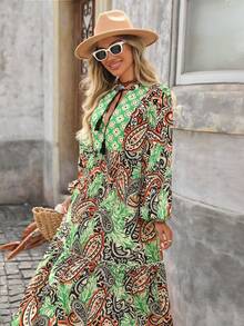 Brillora Autumn/Winter Casual Vacation V-Neck Tassel Tie Bohemian Style Printed Long Sleeve Dress For Women - Multicolor - View 3